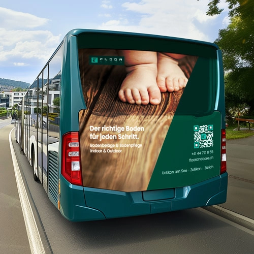 Busbeschriftung Ganzheck für Floor & Care Zürich, Gesamtansicht