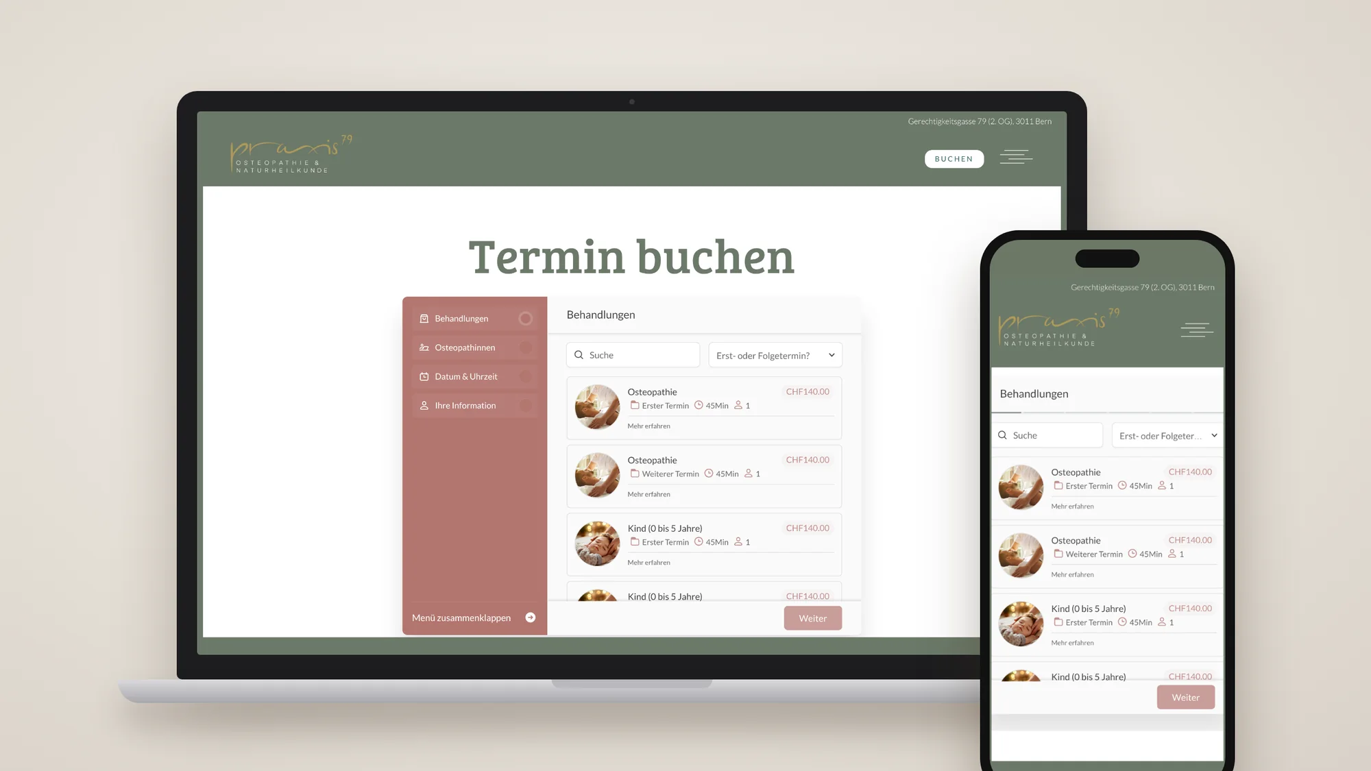 Online-Terminbuchung der Website von Praxis79 Osteopathie Bern auf Laptop und Smartphone